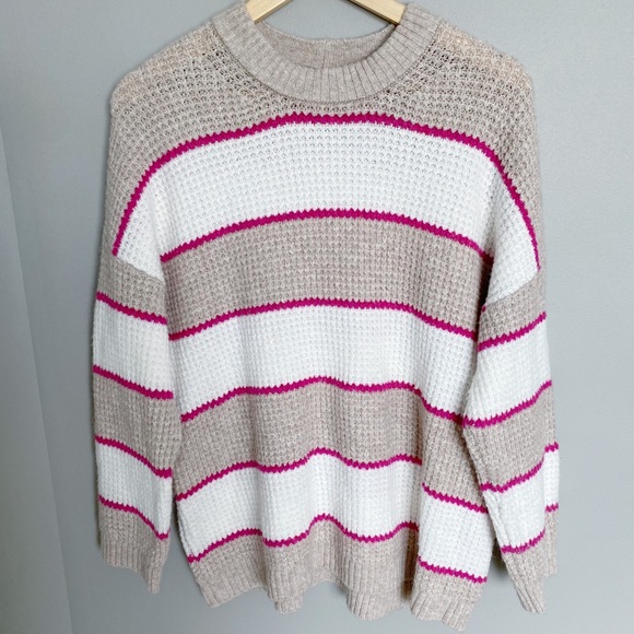 American Eagle Striped Tan Pink Sweater 
